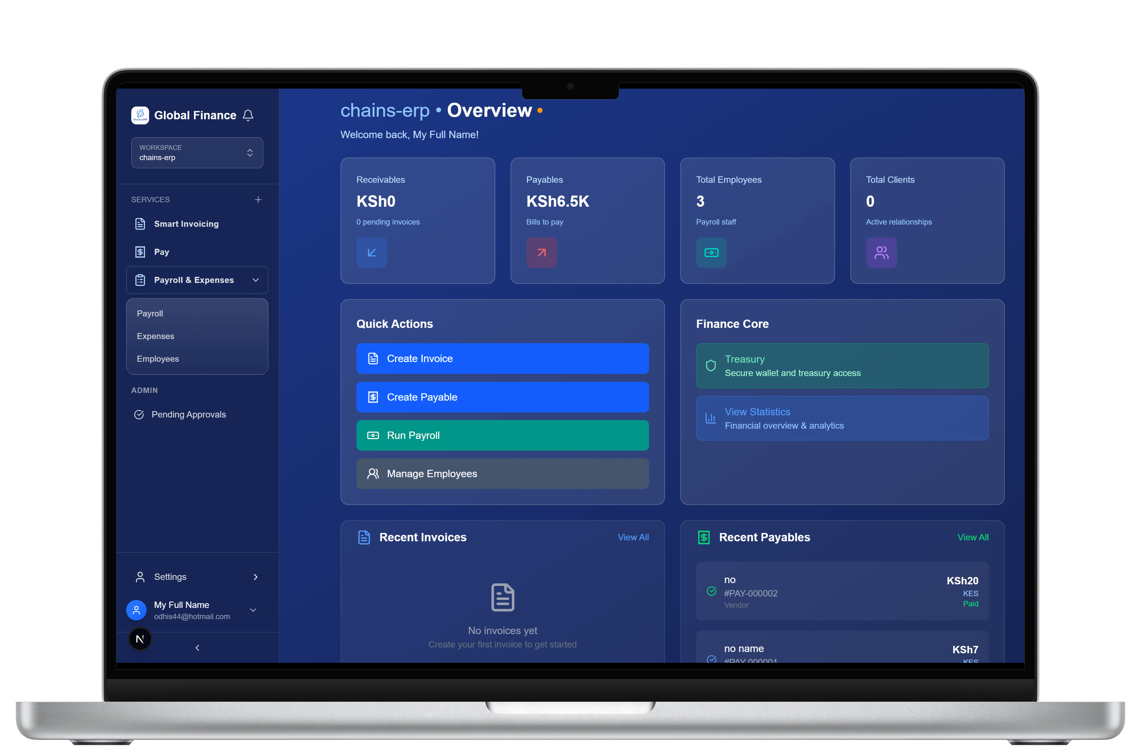 ChainsERP Dashboard - Desktop View